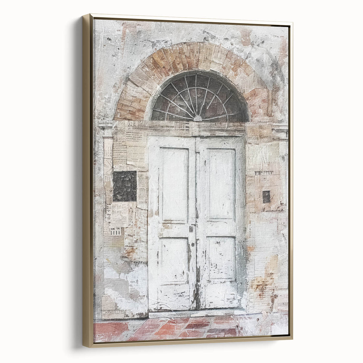 Framed canvas featuring a rustic Italian door in muted gold and black tones, suitable as wall art for a bedroom.