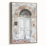 Framed canvas featuring a rustic Italian door in muted gold and black tones, suitable as wall art for a bedroom.