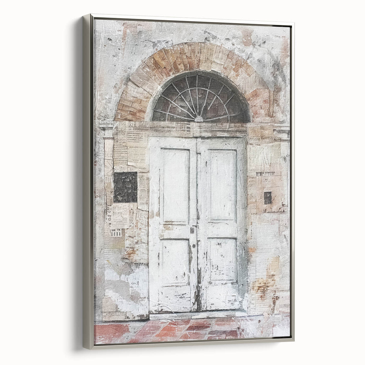 Framed canvas featuring a rustic Italian door in muted earth tones, ideal for adding a vintage touch to any room decor.
