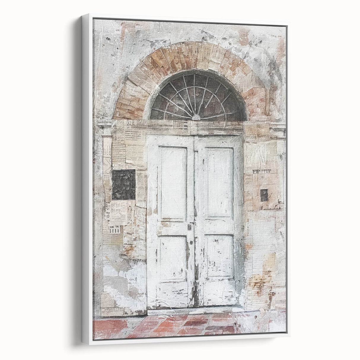 Vintage poster art of a rustic Italian door on a framed canvas, featuring earth tones, ideal for living room decor.