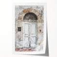 Rustic Italian door design on a rolled print, with earthy tones, suitable for art wall dining room or bathroom.