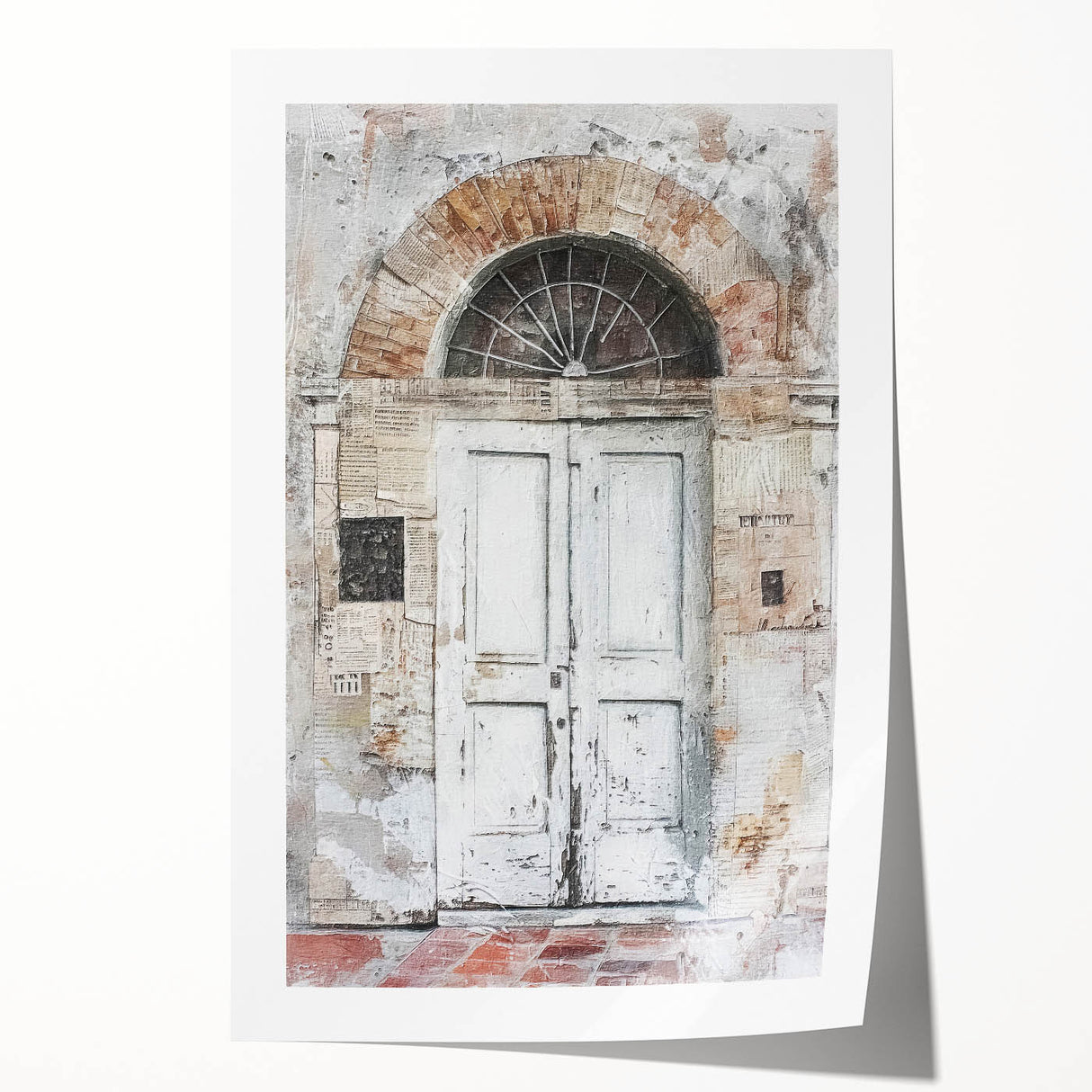 Rustic Italian door design on a rolled print, with earthy tones, suitable for art wall dining room or bathroom.