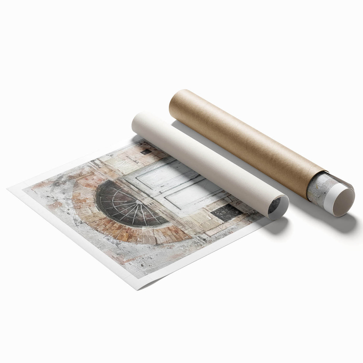 Rustic Italian door design on a rolled print, featuring muted earth tones and floral accents.