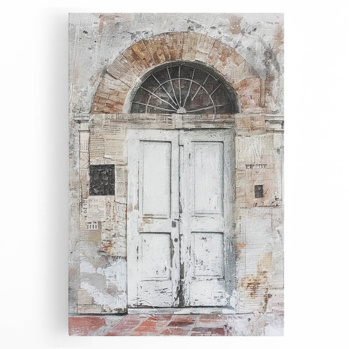 Black and white photo of a rustic Italian door on stretched canvas, suitable as large kitchen wall art.