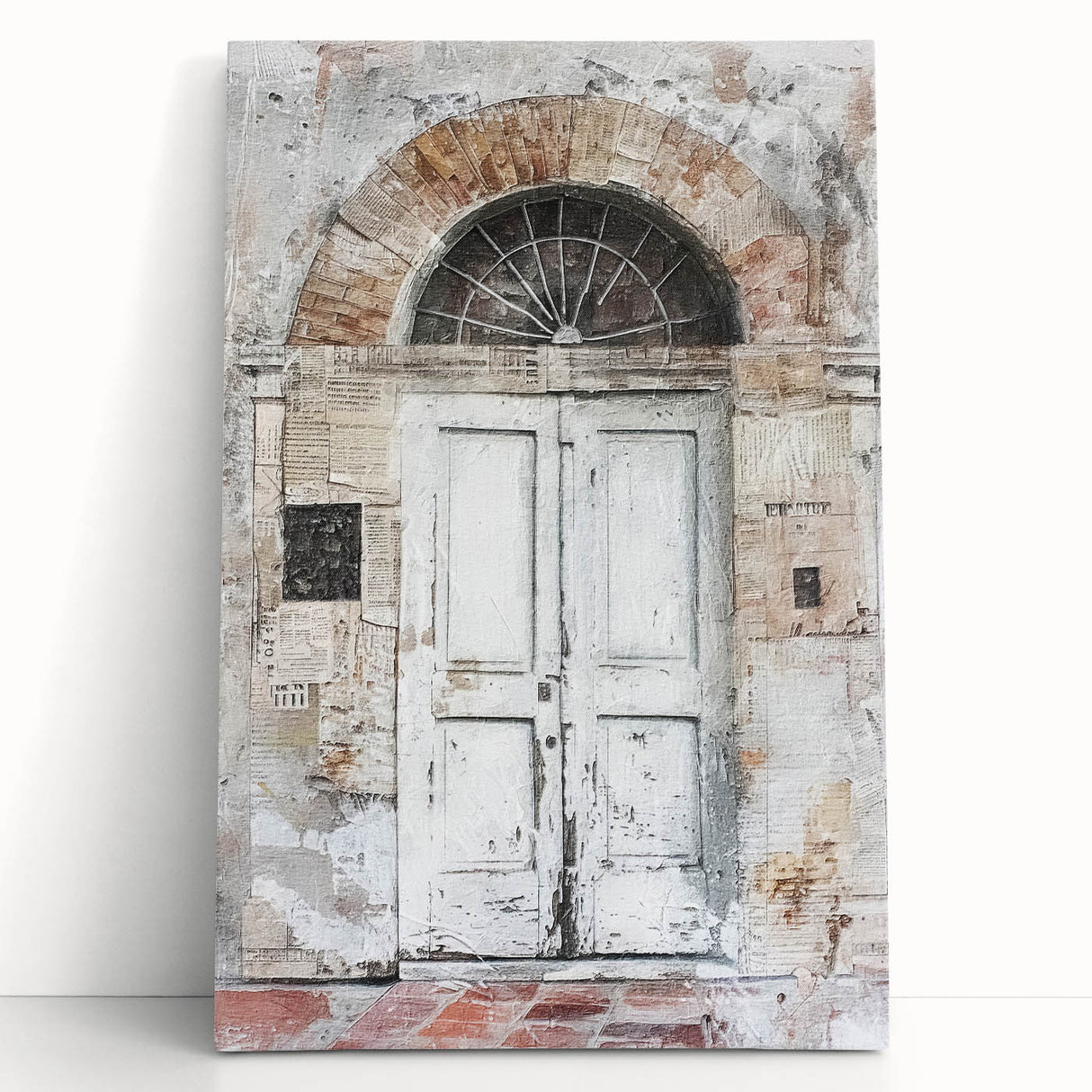 Black and white photo of a rustic Italian door on stretched canvas, ideal for kitchen wall art.