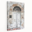 Rustic Italian door design on stretched canvas, showing muted earth tones, ideal for kitchen wall art.