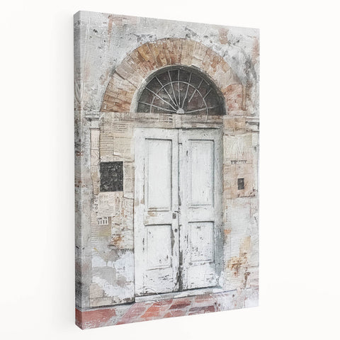 Rustic Italian door design on stretched canvas, showing muted earth tones, ideal for kitchen wall art.
