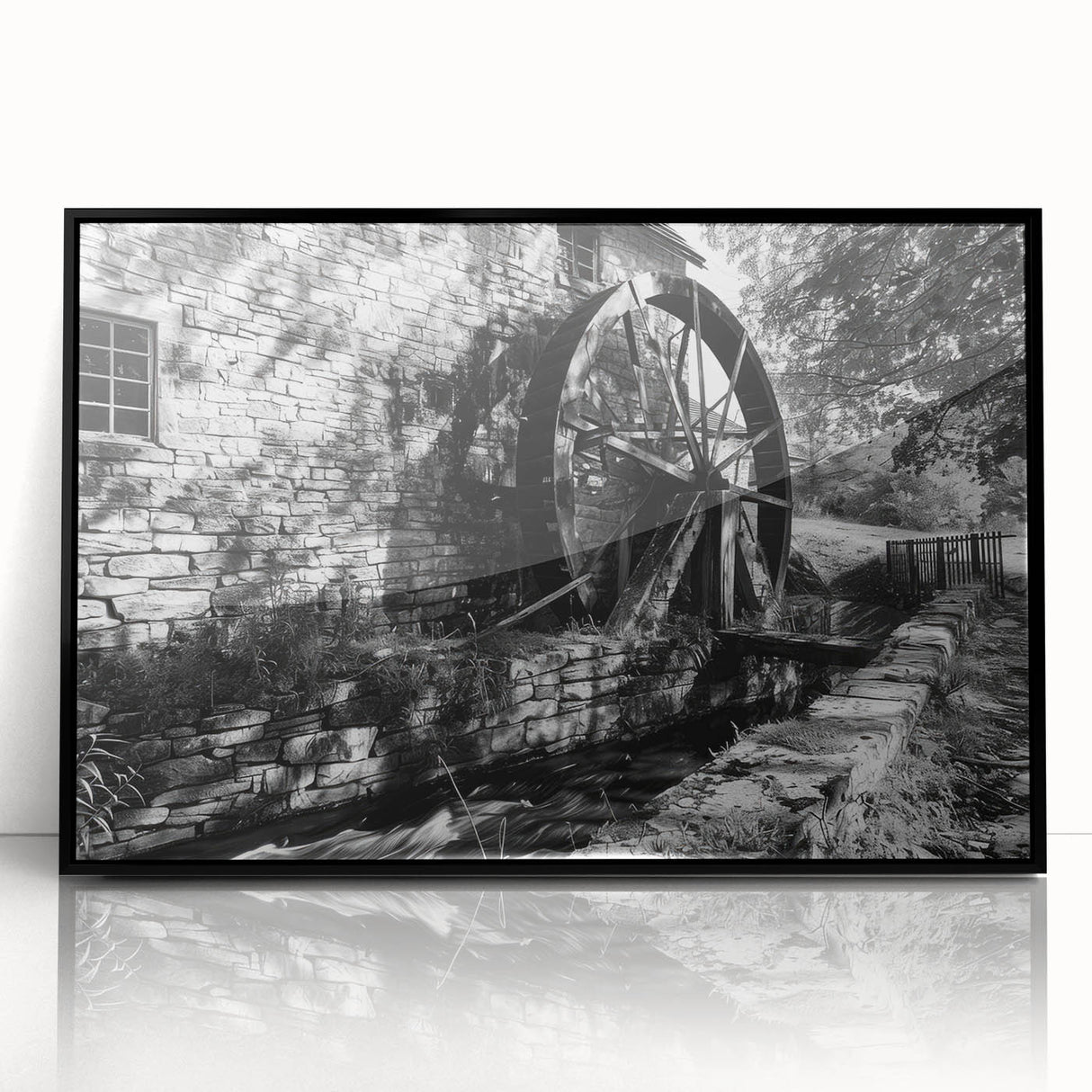 Large abstract wall art featuring geometric shapes in black and white, acrylic print in a black frame.