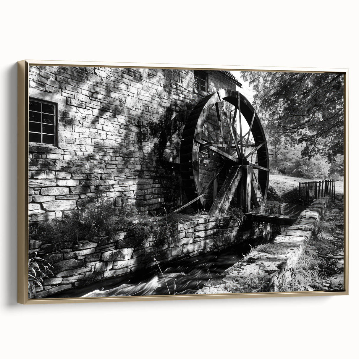 Framed canvas depicting a vintage-style landscape with muted gold and black tones, ideal for bedroom wall art.