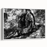 Vintage poster art featuring black and colorful architectural design on a white framed canvas, ideal for living room decor.