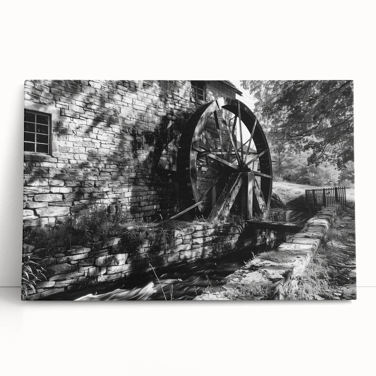 Black and white photograph of architectural columns on a large stretched canvas.