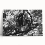 Black and white photograph of architectural columns on a large stretched canvas.