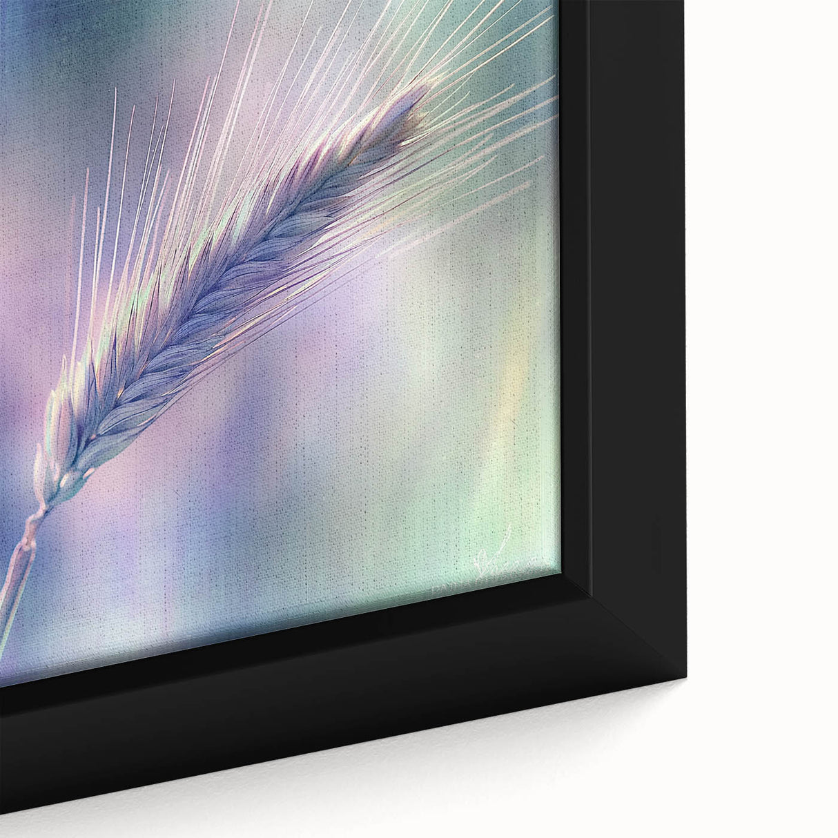 Close-up of a beautifully framed canvas displaying a floral and botanical design, showcasing vibrant colors and intricate details, perfect for home decor enhancement.