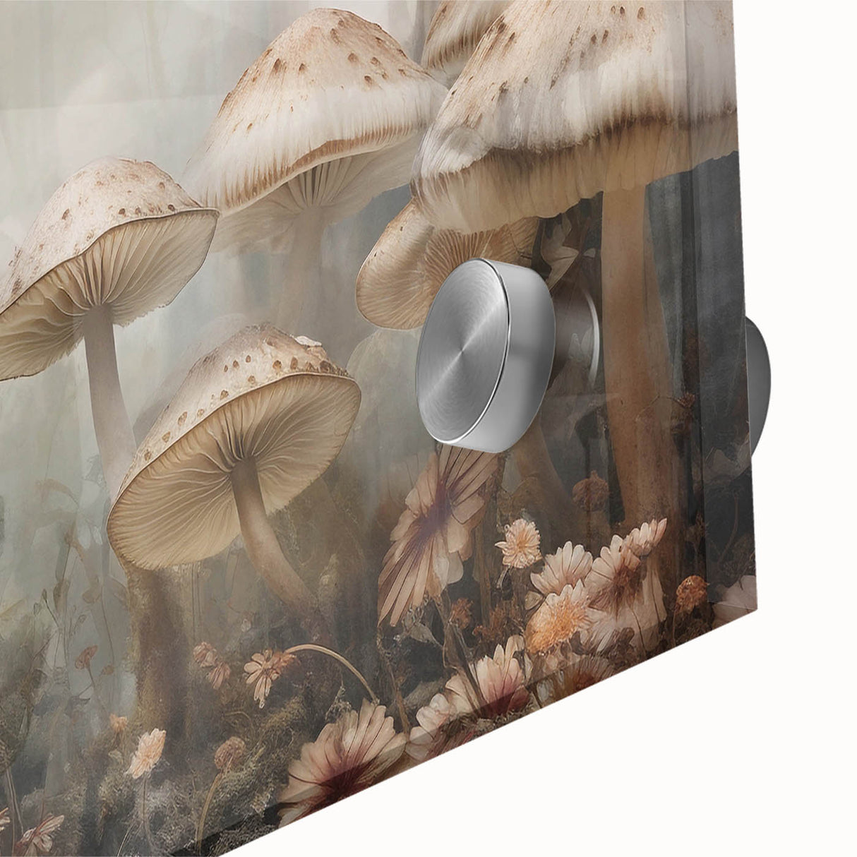 Close-up of vibrant floral and mushroom wall art design printed on acrylic glass, showcasing intricate details and vivid colors, perfect for home decor.