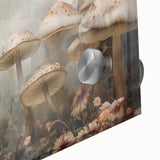 Close-up of vibrant floral and mushroom wall art design printed on acrylic glass, showcasing intricate details and vivid colors, perfect for home decor.