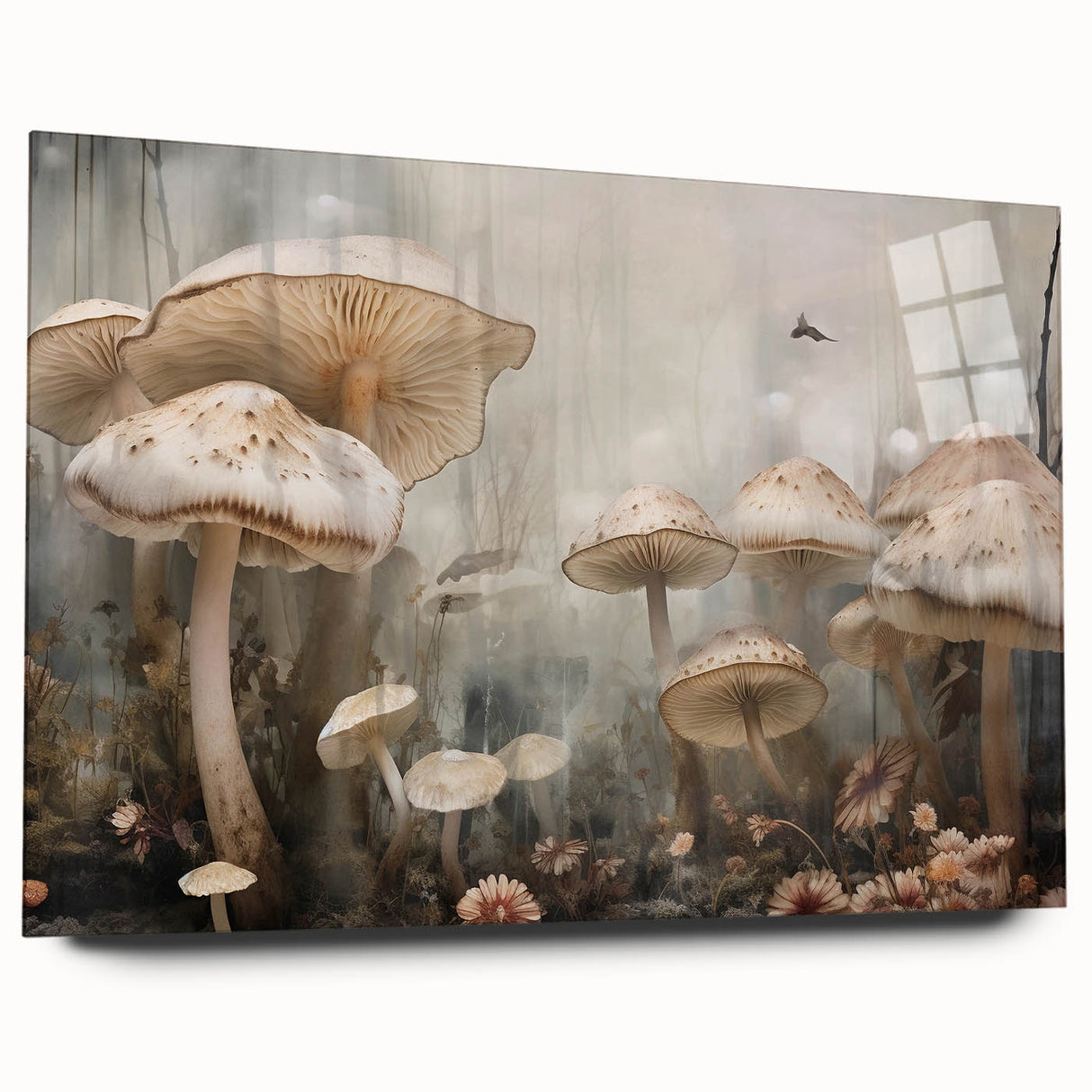 Acrylic wall art depicting vibrant flowers and botanical mushrooms, showcased in a side view without pins, ideal for modern home decor. The design features rich colors and intricate details, perfect for nature enthusiasts.