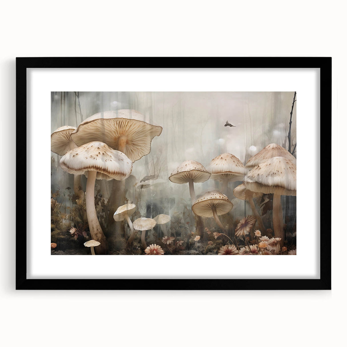 Black-framed wall art featuring a vibrant floral and botanical design with mushrooms, ideal for enhancing home decor. Perfectly matted for a polished look.