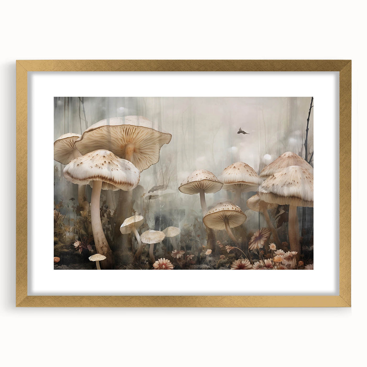 Elegant botanical wall art featuring vibrant flowers and mushrooms, framed with a gold finish and matting, perfect for enhancing any modern decor.