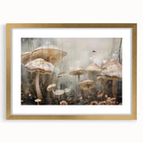 Elegant botanical wall art featuring vibrant flowers and mushrooms, framed with a gold finish and matting, perfect for enhancing any modern decor.