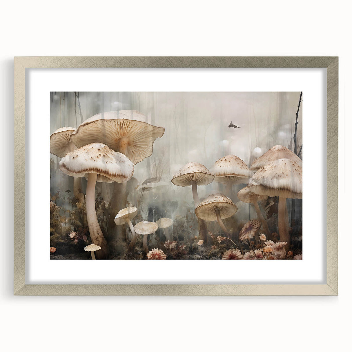 Framed botanical wall art featuring colorful flowers and mushrooms with a silver mat, ideal for home decor and nature enthusiasts, enhancing any living space.