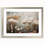 Framed botanical wall art featuring colorful flowers and mushrooms with a silver mat, ideal for home decor and nature enthusiasts, enhancing any living space.