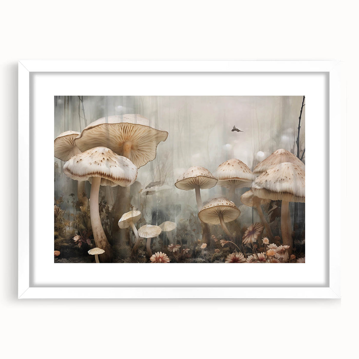 Botanical wall art print featuring vibrant flowers and mushrooms, framed with a white mat, showcasing intricate details, perfect for home decor.