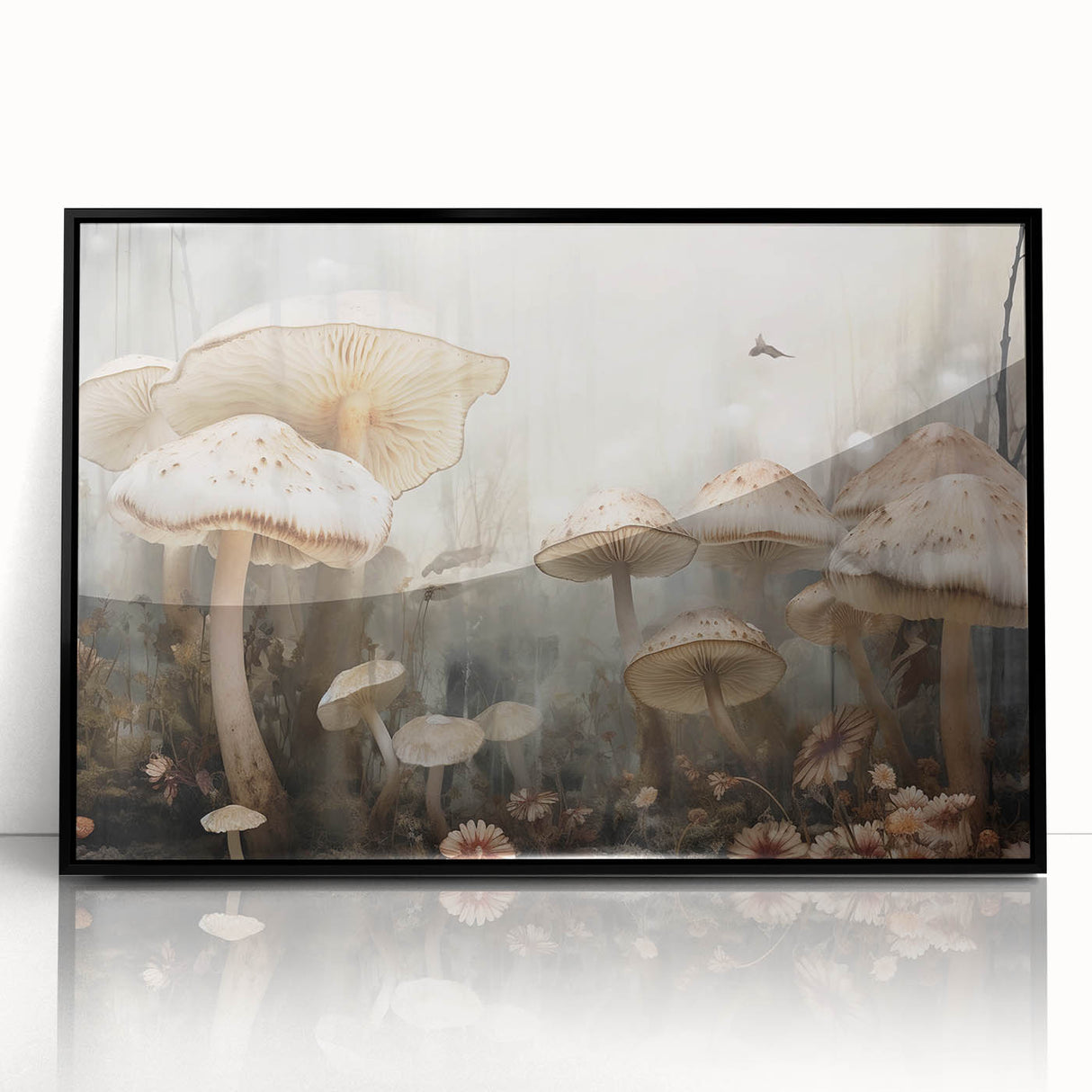 Framed wall art featuring a botanical design with vibrant flowers and mushrooms, set in a sleek black frame, perfect for home decor.