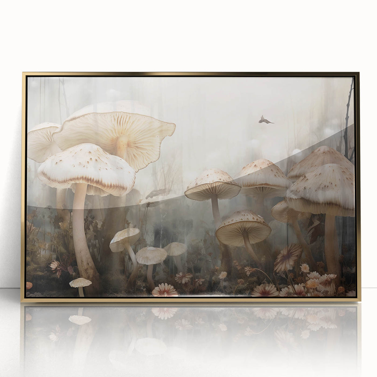 Framed wall art showcasing a vibrant design of flowers and botanical mushrooms with a gold-accented frame, ideal for enhancing modern home decor.