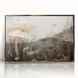 Framed wall art showcasing a vibrant design of flowers and botanical mushrooms with a gold-accented frame, ideal for enhancing modern home decor.