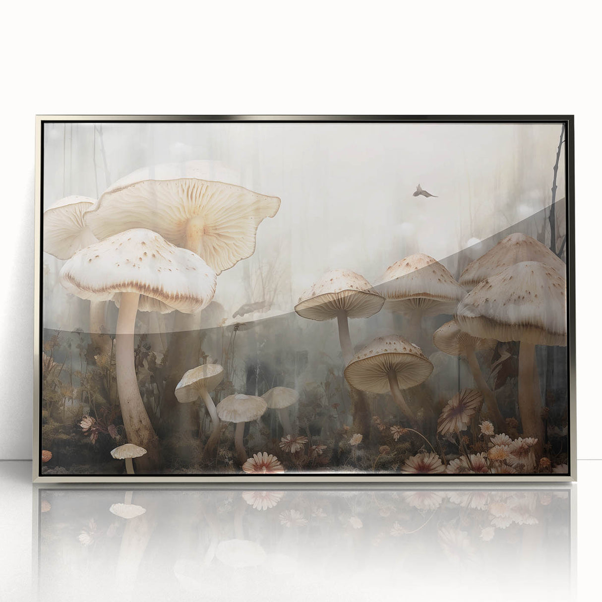 Framed wall art featuring a vibrant botanical design with colorful flowers and mushrooms, set in a modern silver frame, perfect for home decor.