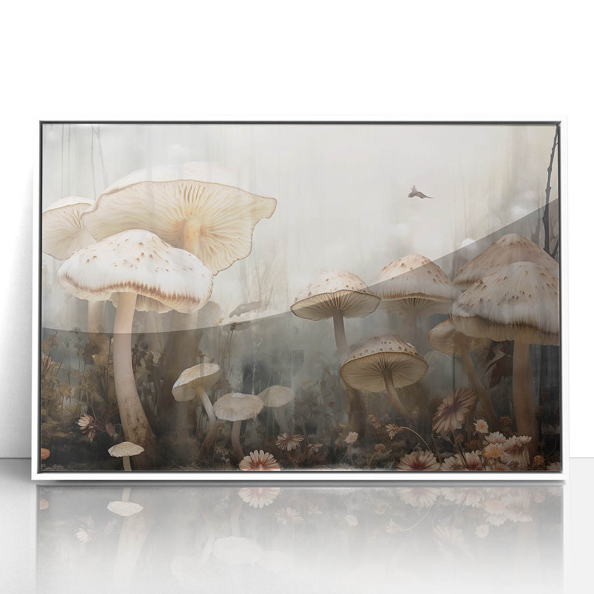 Framed wall art displaying a vibrant floral and botanical design featuring mushrooms, set against a white background, ideal for home decor accentuating nature themes.
