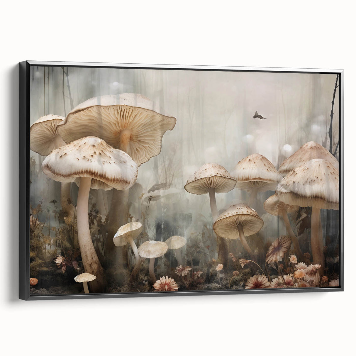 Framed wall art showcasing a vibrant floral and botanical design with mushrooms, featuring a sleek black frame. Perfect for enhancing modern decor in any room.