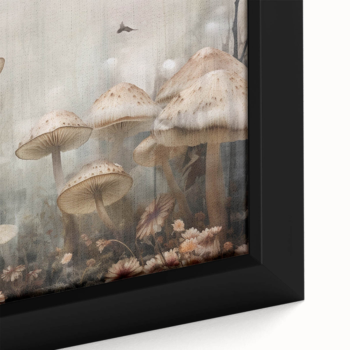Close-up of a framed canvas wall art featuring vibrant flowers and botanical mushrooms, showcasing intricate details and rich colors, perfect for home decor.