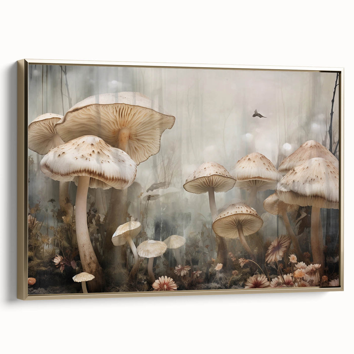 Framed canvas wall art depicting a vibrant floral and botanical design with mushrooms, featuring a gold side frame that enhances the intricate details and colors.