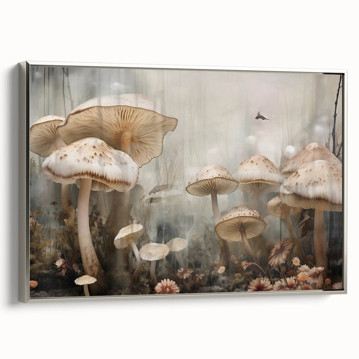 Framed wall art featuring a botanical design with flowers and mushrooms, presented in a silver frame, showcasing vibrant colors and intricate details. Ideal for enhancing home decor.