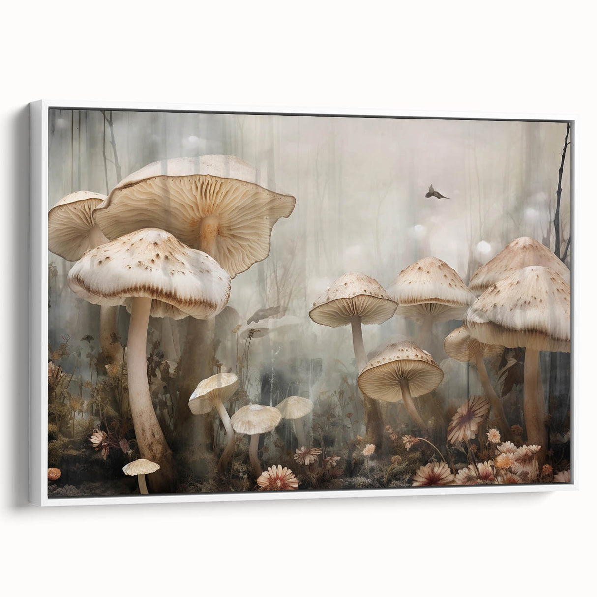 Framed canvas wall art showcasing a vibrant floral and botanical design with intricate mushrooms, elegantly displayed in a white frame, perfect for home decor.