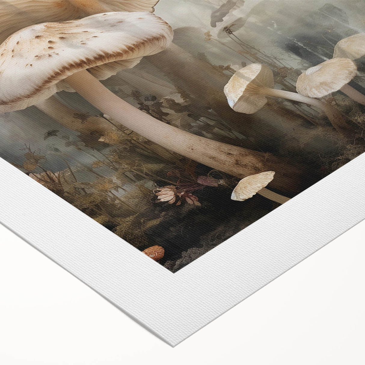 Botanical wall art featuring vibrant flowers and mushrooms on a rolled canvas, ideal for home decor, enhancing natural themes in living spaces.