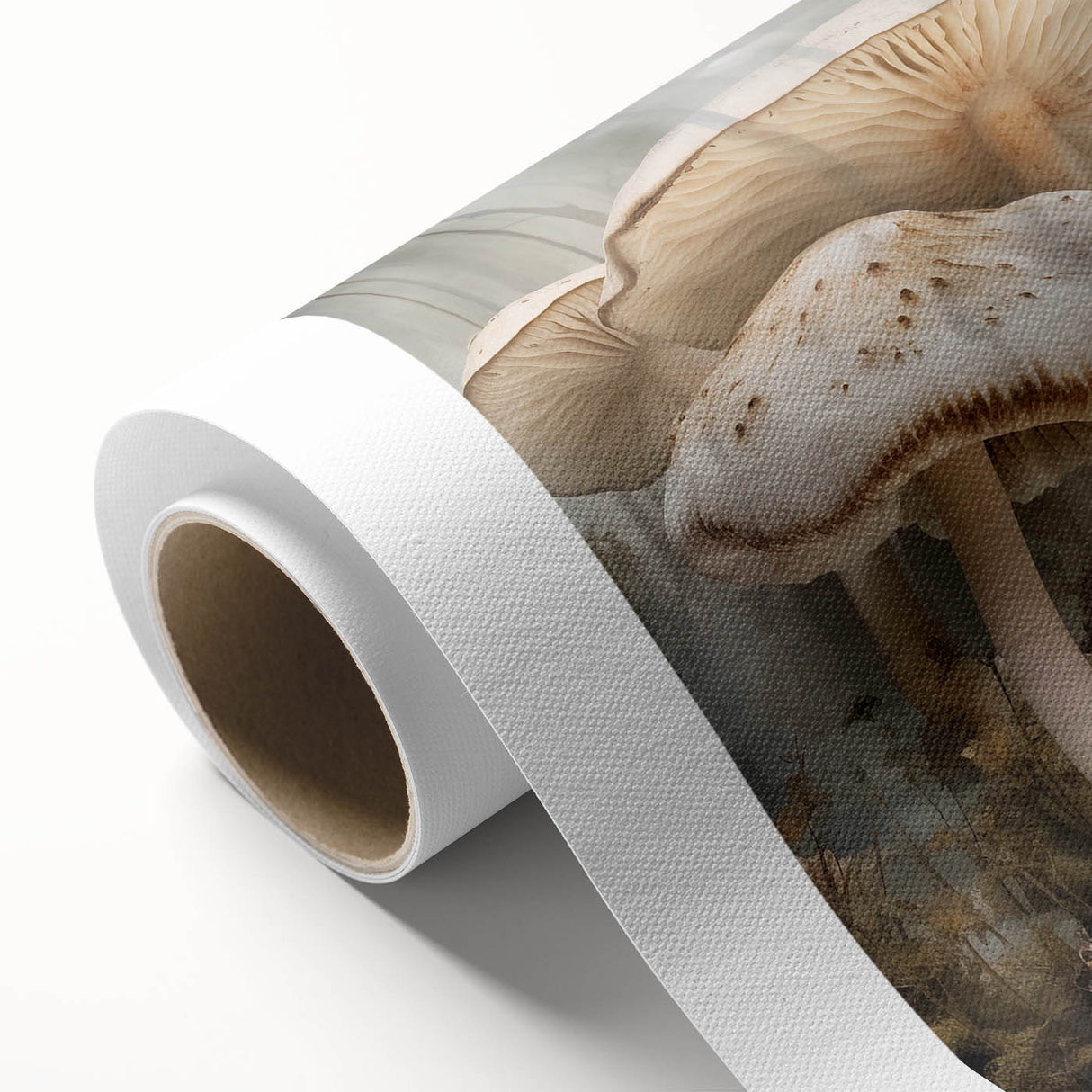 Rolled canvas artwork showcasing an intricate design of colorful flowers and botanical mushrooms, perfect for home decor and nature-inspired aesthetics.