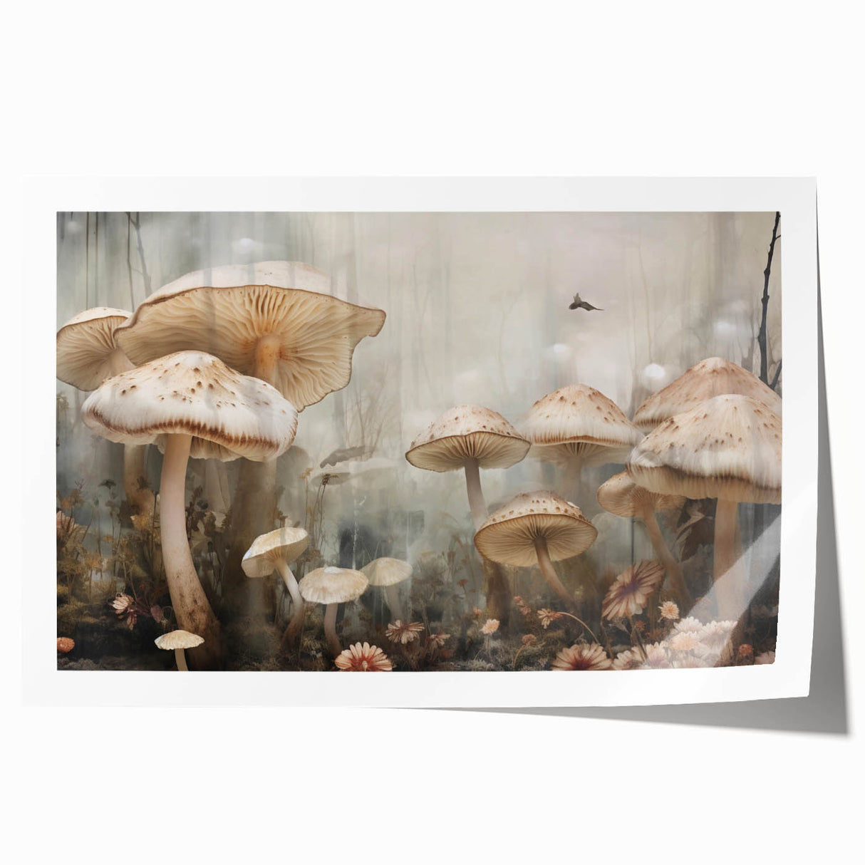 Colorful botanical wall art featuring vibrant flowers and mushrooms on a textured background, rolled and ready for display, perfect for nature-inspired decor.