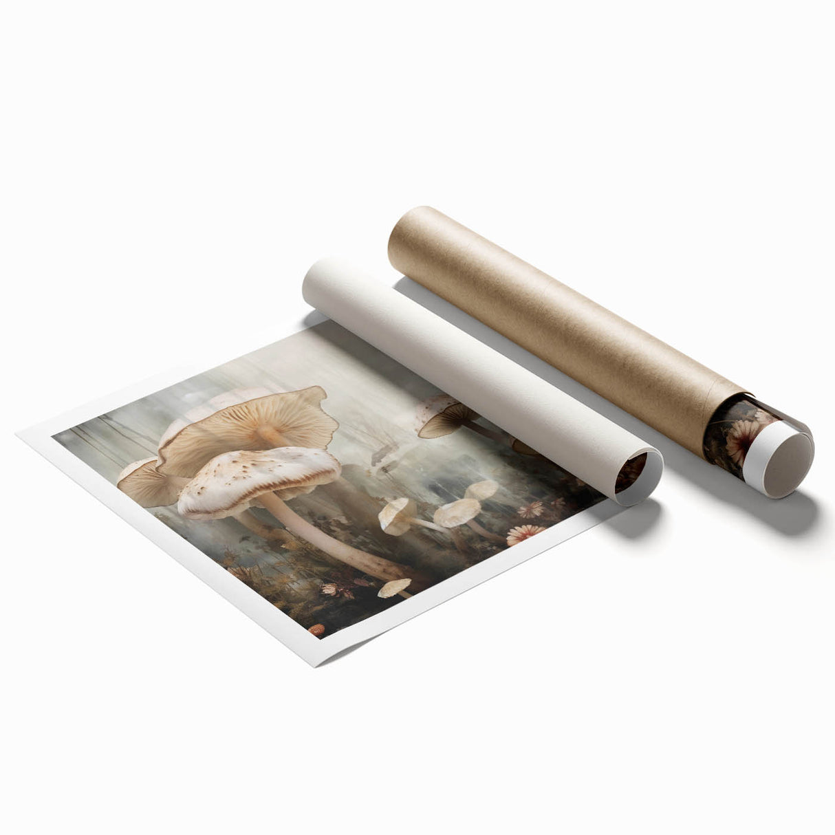 Vibrant rolled print showcasing a floral and botanical design with mushrooms, perfect for home decor. The artwork features rich colors and intricate details, ideal for nature enthusiasts.