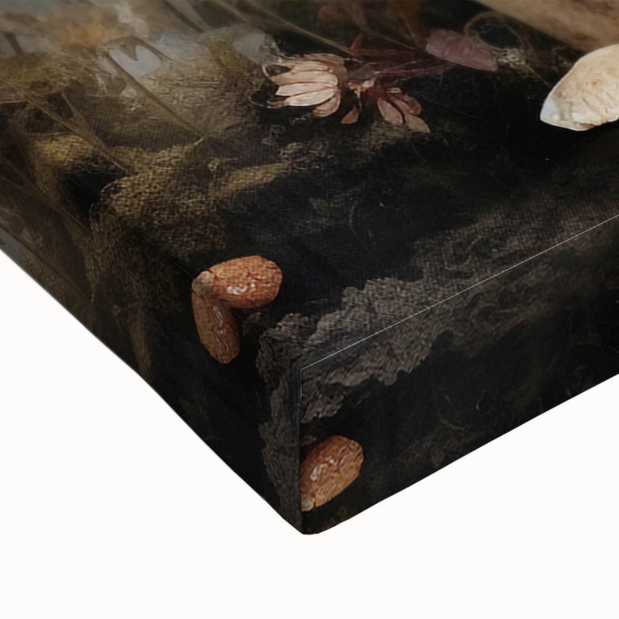 Close-up of a stretched canvas wall art piece depicting vibrant flowers and botanical mushrooms, showcasing intricate details and vivid colors against a light background. Perfect for nature-inspired decor.