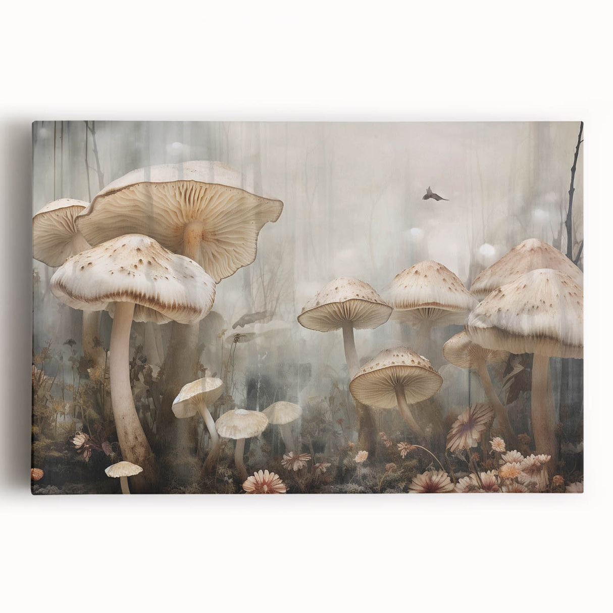 Vibrant stretched canvas wall art showcasing a floral and botanical design with colorful mushrooms, perfect for home decor. Ideal for nature enthusiasts.