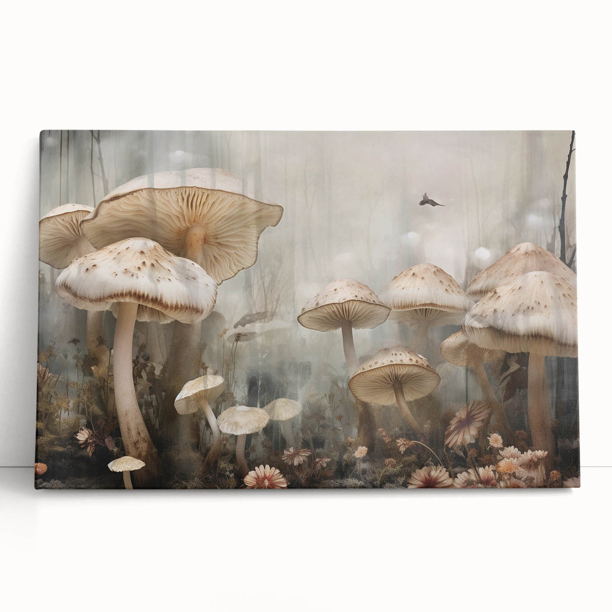 Stretched canvas wall art depicting a vibrant arrangement of flowers and botanical mushrooms, showcasing intricate details and rich colors, perfect for nature-inspired decor.