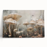 Stretched canvas wall art depicting a vibrant arrangement of flowers and botanical mushrooms, showcasing intricate details and rich colors, perfect for nature-inspired decor.
