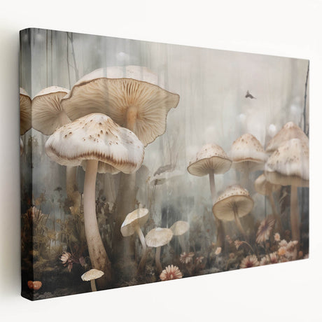 Stretched canvas wall art showcasing a vibrant floral and botanical design with mushrooms, displayed in a side view to highlight its depth and texture. Perfect for nature-inspired home decor.