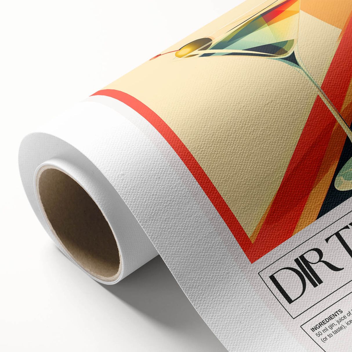 Art Deco-style poster featuring stylized food and drink motifs in bold colors on rolled canvas.