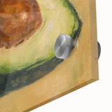 Large abstract wall art featuring assorted fruits in vibrant colors on acrylic glass, suitable for dining room decor.