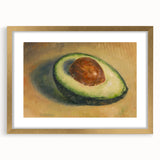 Extra large abstract art print featuring textured fruits in gold frame, suited for living room decor.