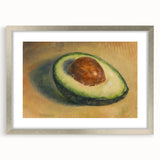 Abstract art print featuring textured design of assorted fruits in muted earth tones, framed in silver.