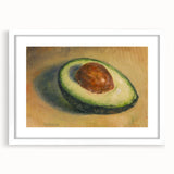 Abstract art print of assorted fruits in vibrant colors on a white framed canvas, ideal for dining room decor.